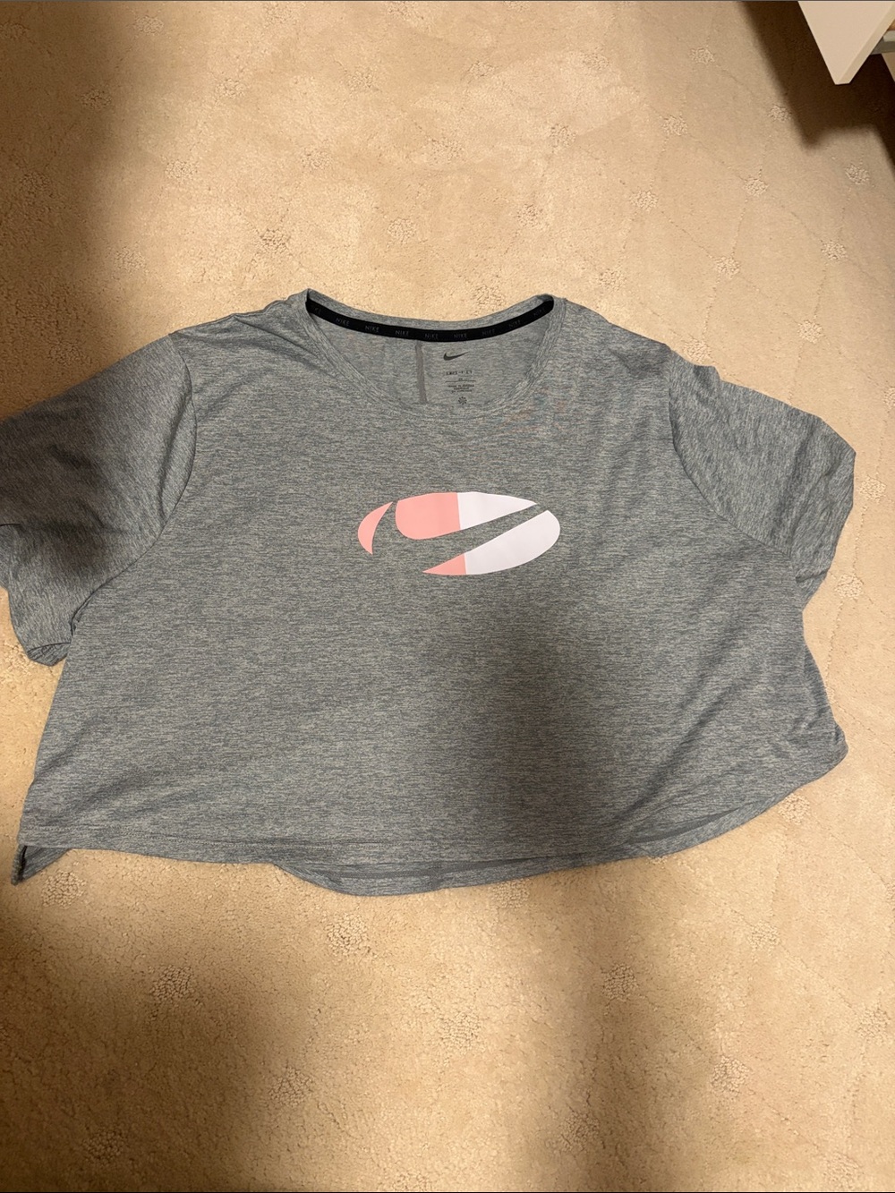 Limited Edition Nike Heather Gray Dri Fit Crop Tee with Pink & White Logo 2X
